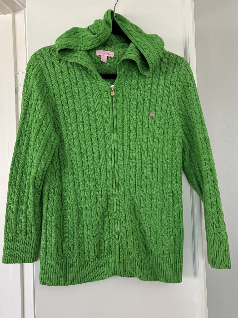 Lilly Pulitzer Cable Knit Hooded Zip Front Cardigan Green XL